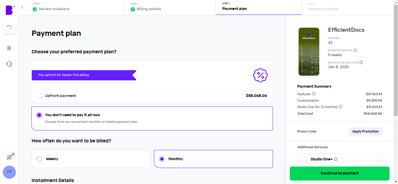 Screenshot of Builder Studio dashboard for app payment planning. The screen shows the project's cost, how often you pay; the details of each payment, the payment summary and other services on the right panel for EfficientDocs, an EDMS.