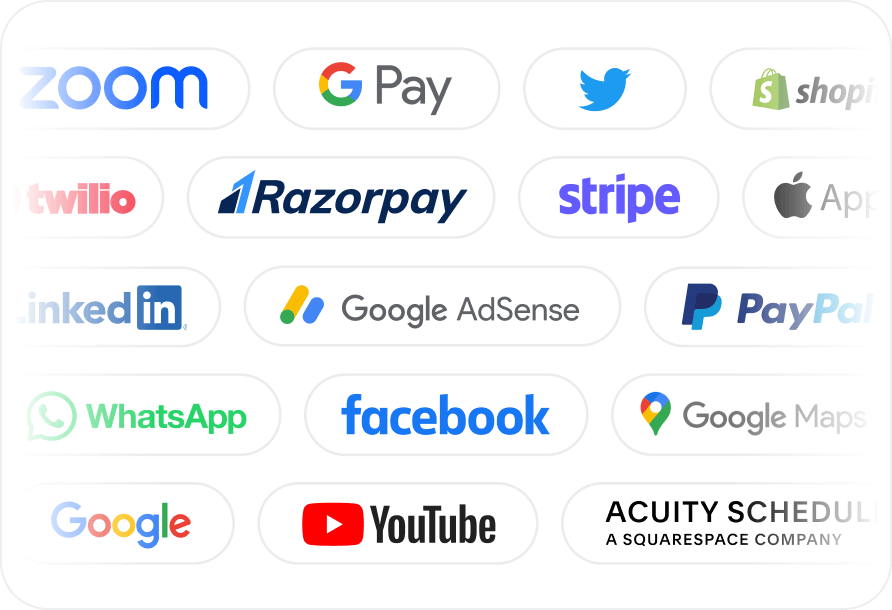 Collection of colourful logos from various well-known technology and service companies. These include video conferencing platform Zoom, payment services like Google Pay, PayPal, and Stripe, communication platform WhatsApp, professional networking site LinkedIn, advertising service Google AdSense, video sharing platform YouTube, search engine Google, and several others.