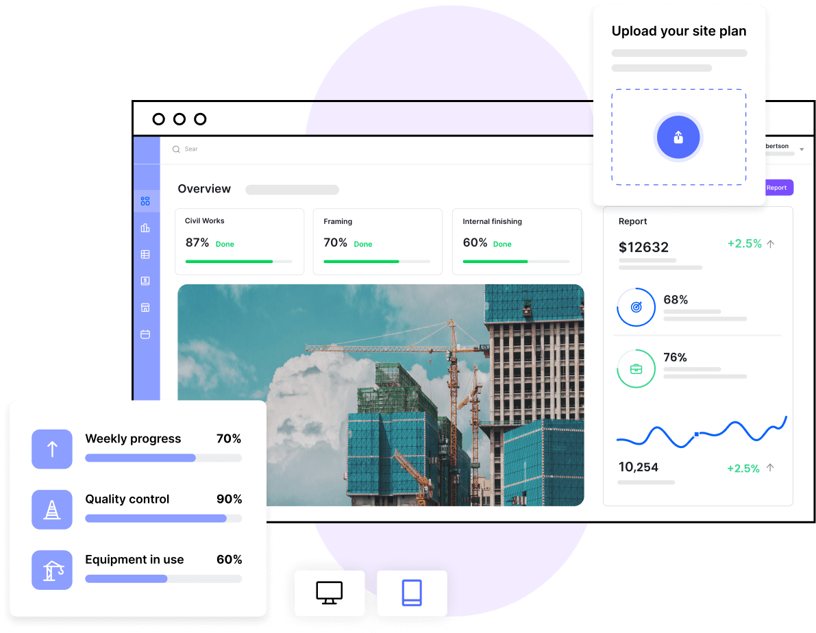 Construction project management software dashboard interface highlighting a welcome screen with a summary of reports.