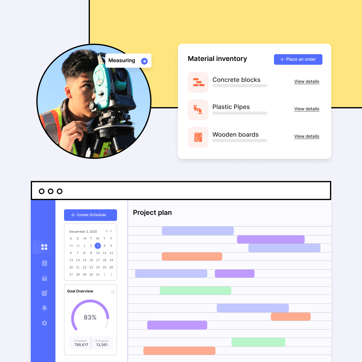 Construction project management software application interface featuring task management and productivity.