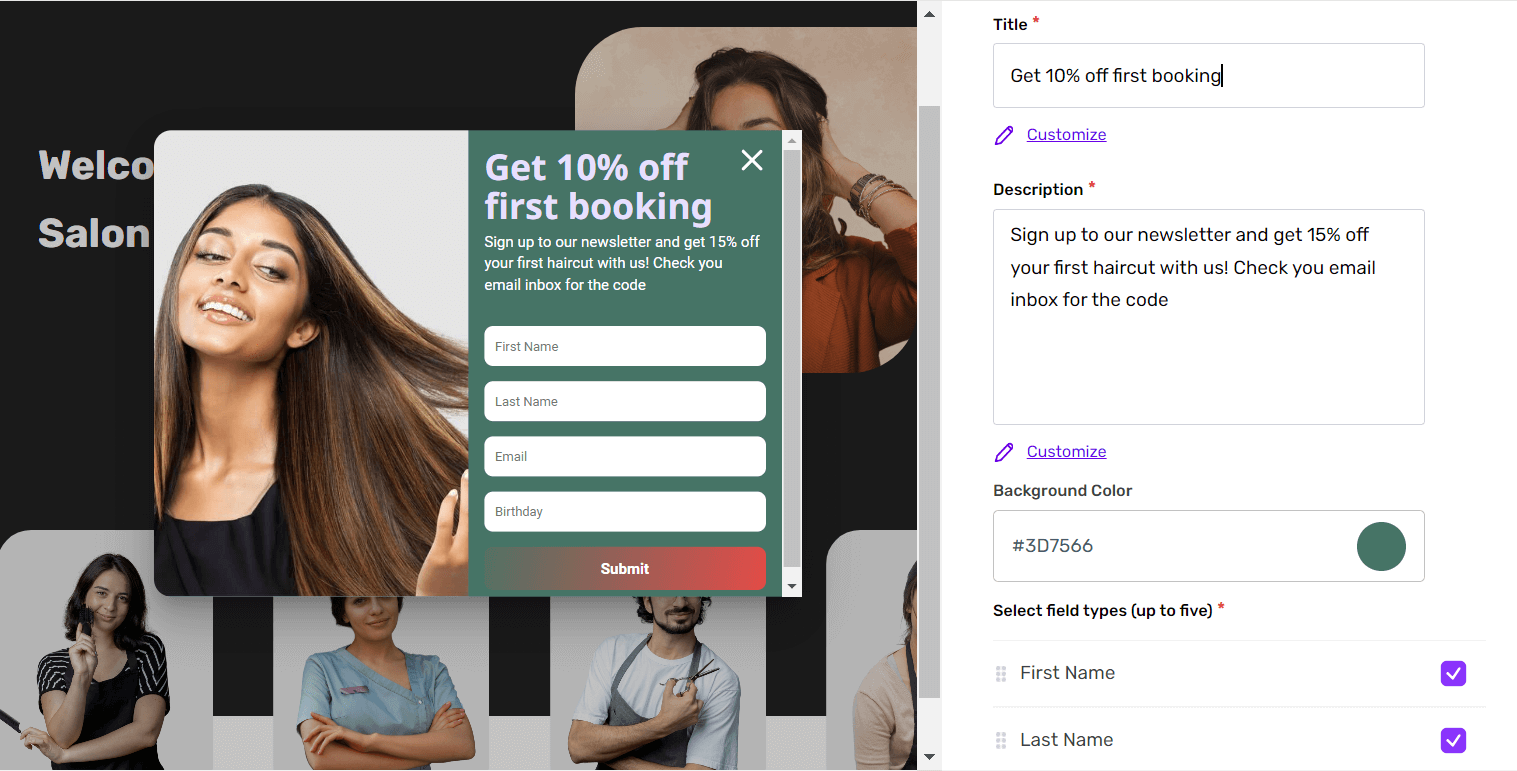 Studio Store salon website front end displaying email subscription box to capture customer data