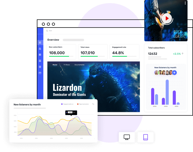 Entertainment industry software dashboard highlighting subscriber growth, total video views, engagement rate and a live concert screen