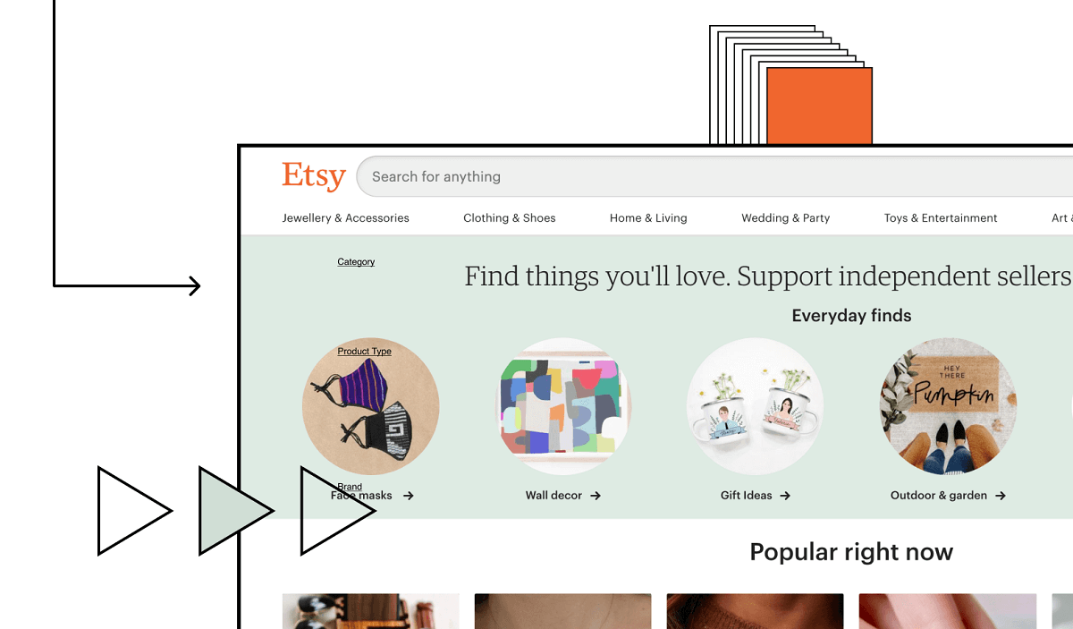 Etsy website screen grab with design illustrations