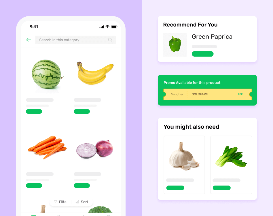 Grocery delivery app interface showcasing product listing, recommendations, coupons and product cards