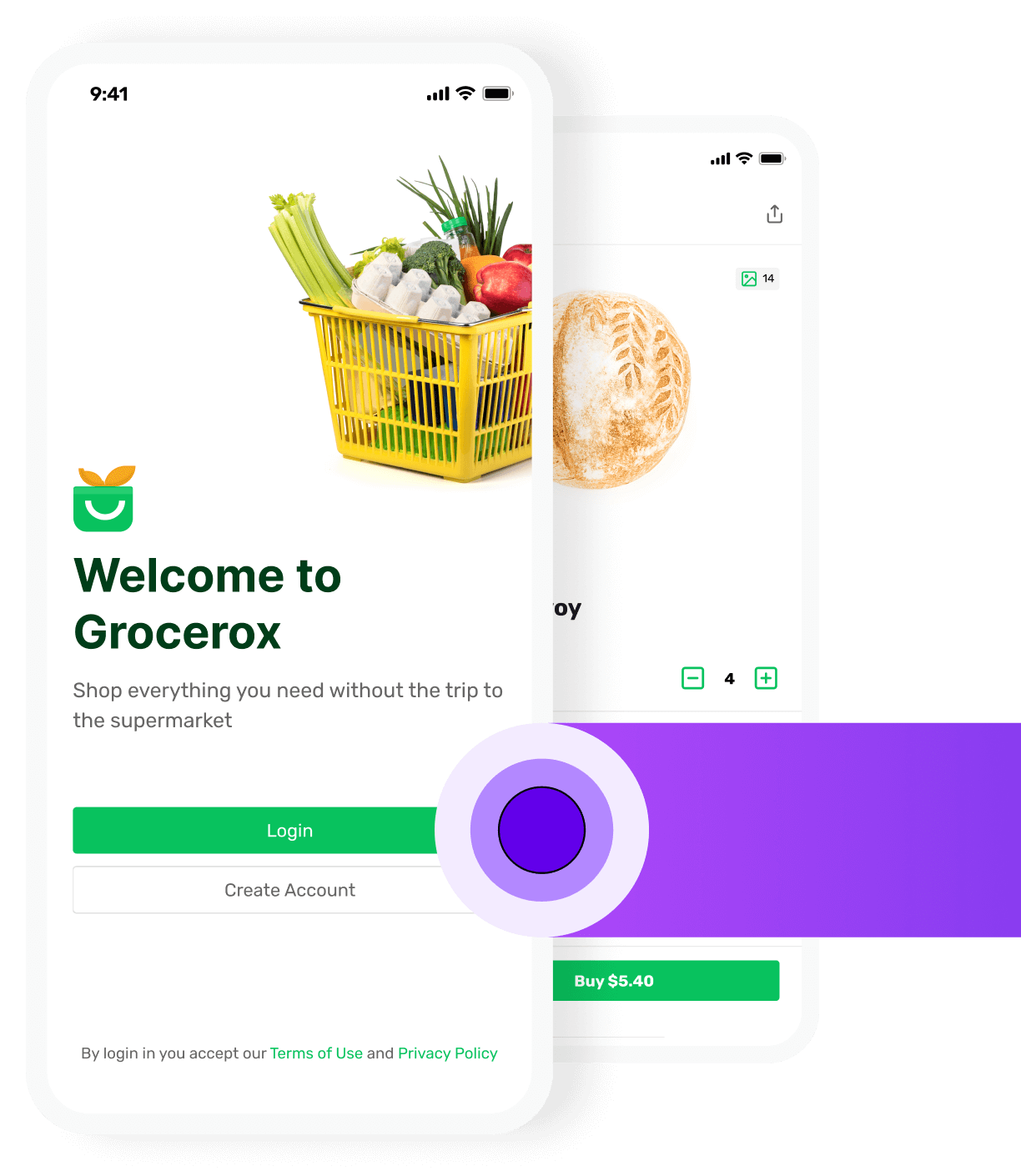 The Grocerox, a grocery delivery app login screen is neatly stacked on top of others.