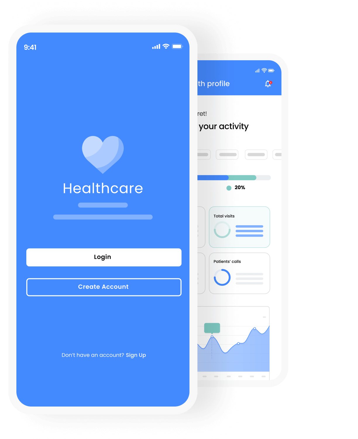 The healthcare app login screen is neatly stacked on top of others.