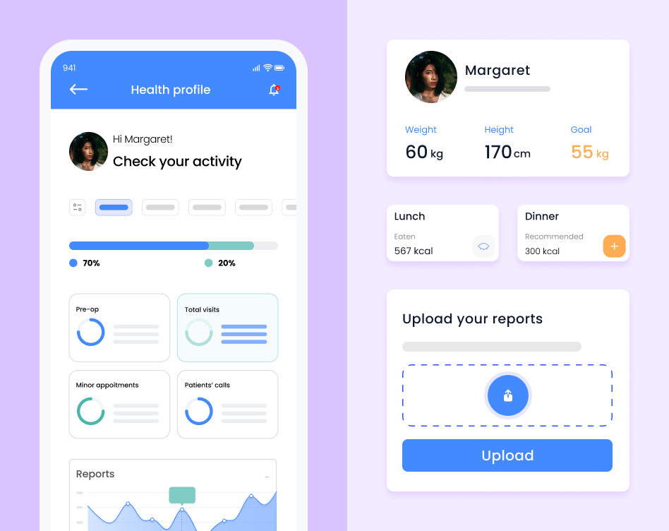 The healthcare app interface showcasing the user’s health profile, diet tracker and report uploader