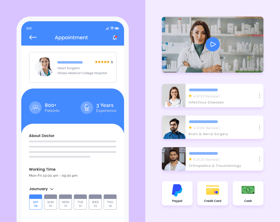 The healthcare app interface showcasing appointment scheduler with available docs and payment options