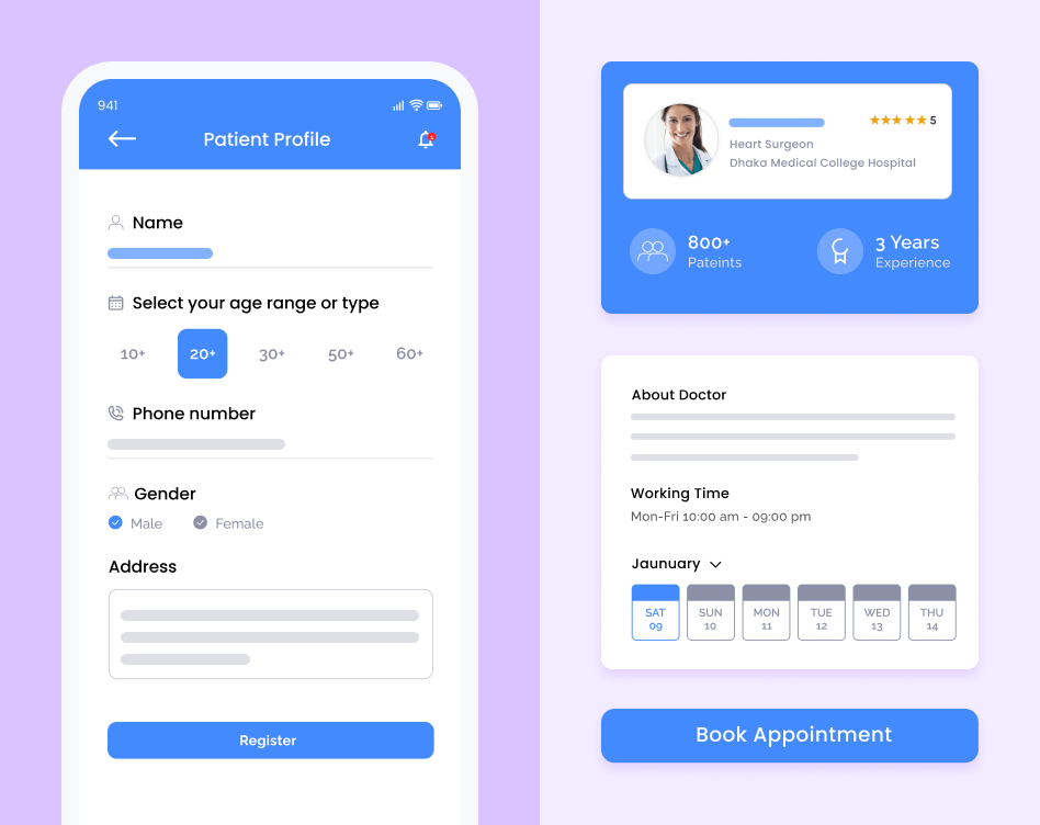 The healthcare app interface showcasing a patient profile builder and a doctor’s profile