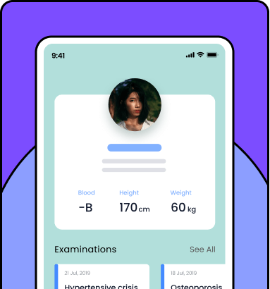 Healthcare app screen highlighting patient profile, Examination and notifications
