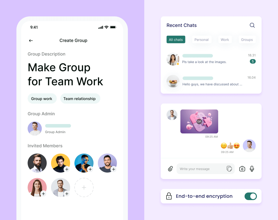 Instant messaging app interface showcasing, group screen, recent chats and a chat screen.