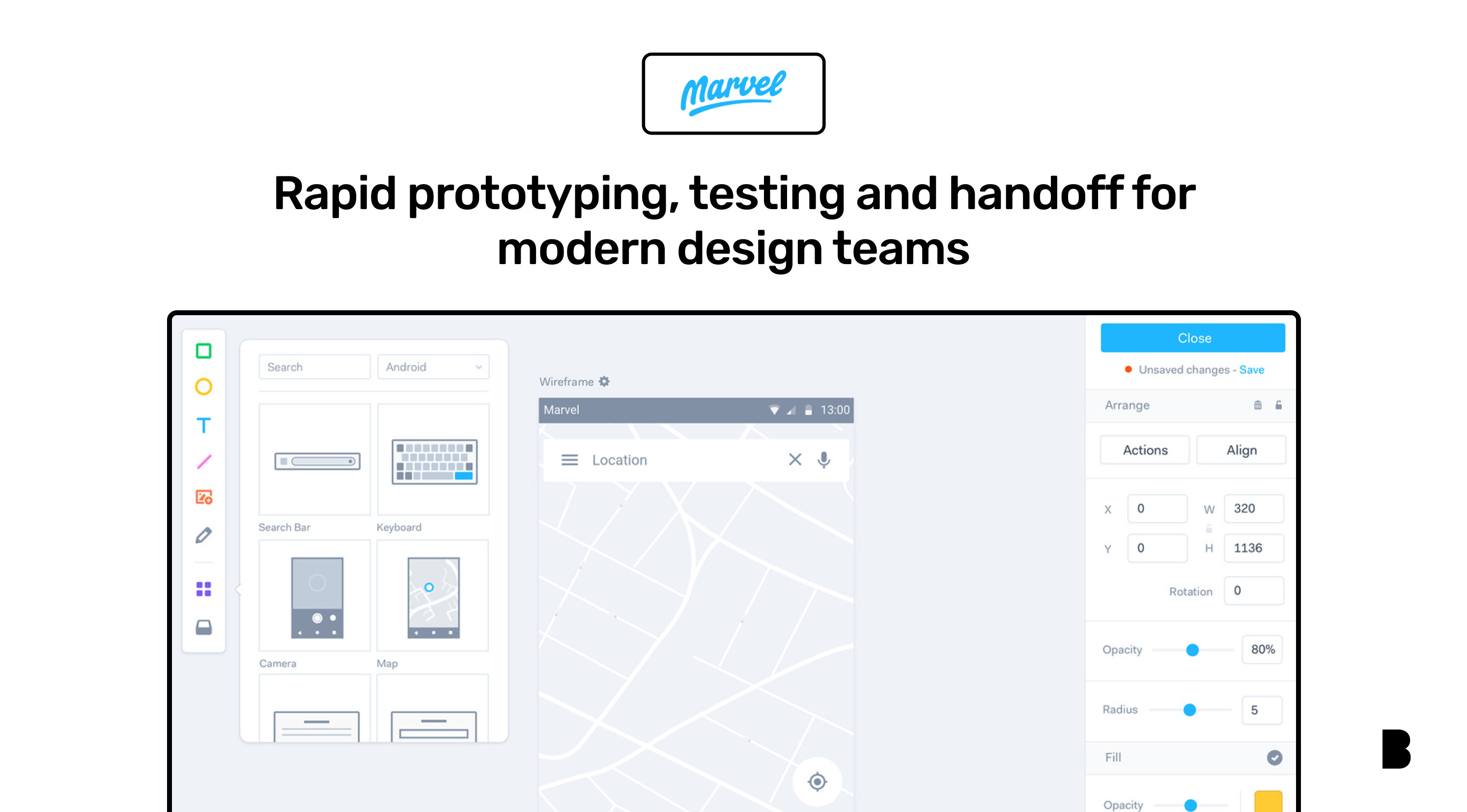 Marvel design board with mobile app wireframe