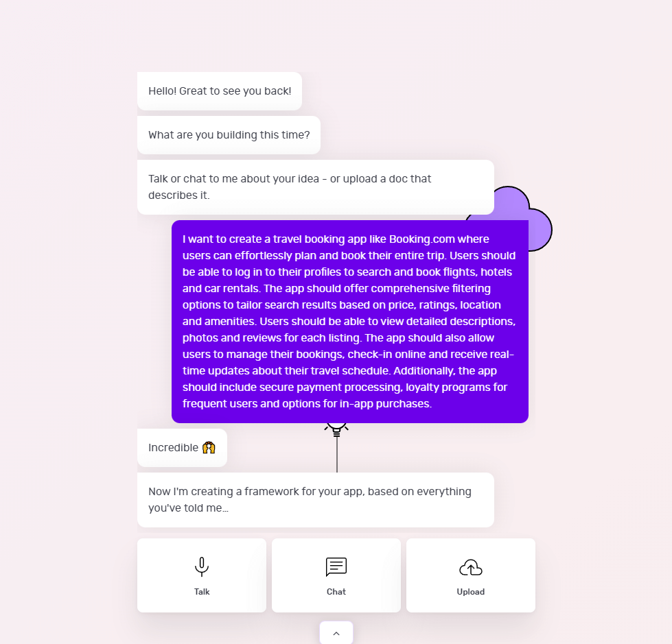 The Natasha chat screen features a conversation where a user tries to build a travel app like Booking.com.