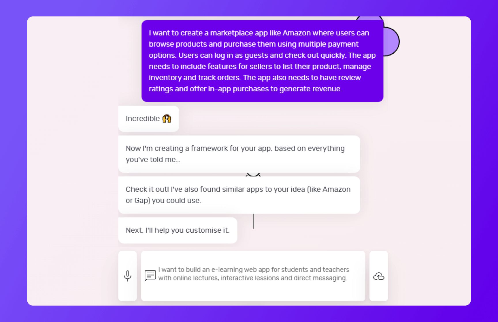 Natasha chat screen featuring a conversation where a user is trying to build a marketplace app like Amazon.