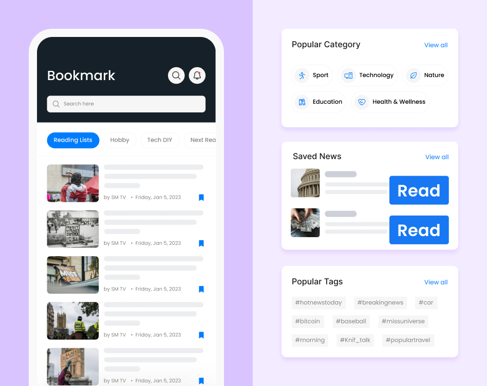 News aggregator app interface showcasing bookmark screen, popular news categories, saves news and popular news tags.