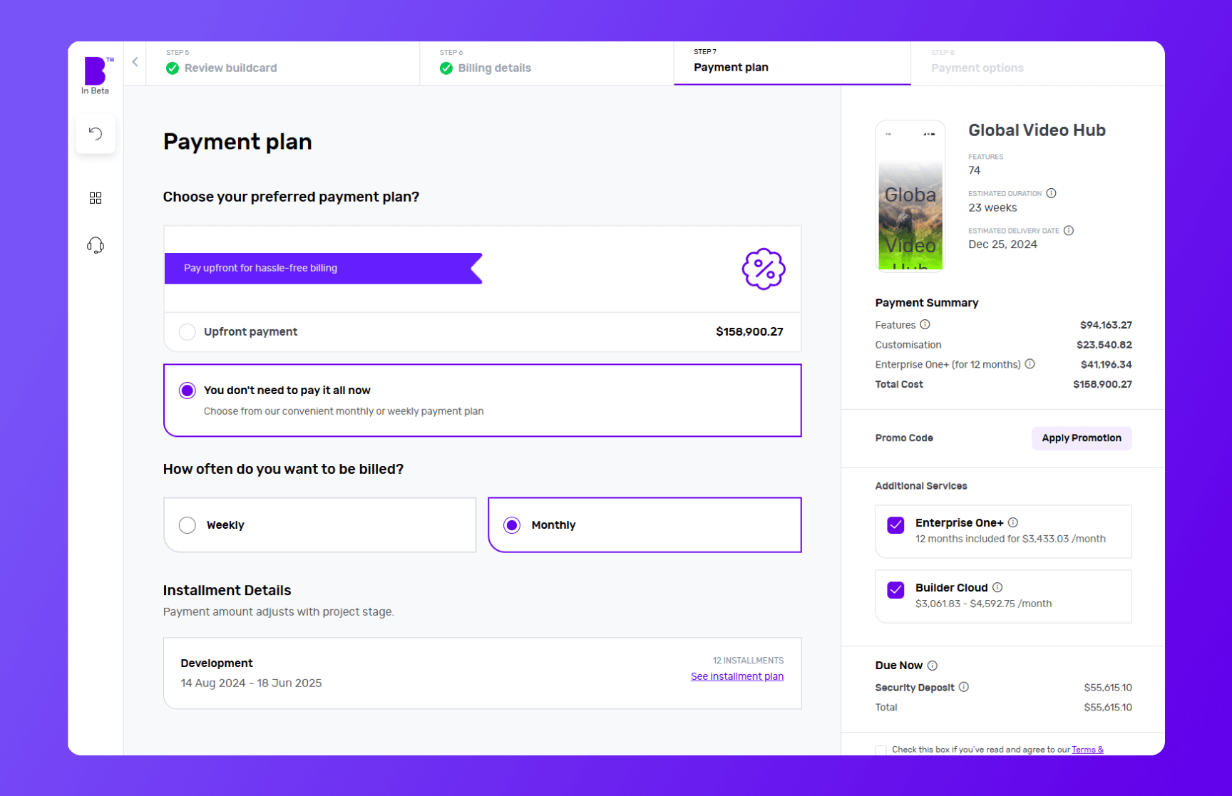 Screenshot of Builder Studio dashboard for app payment planning. The screen shows the project's cost, how often you pay, the details of each payment, the payment summary and other services on the right panel.