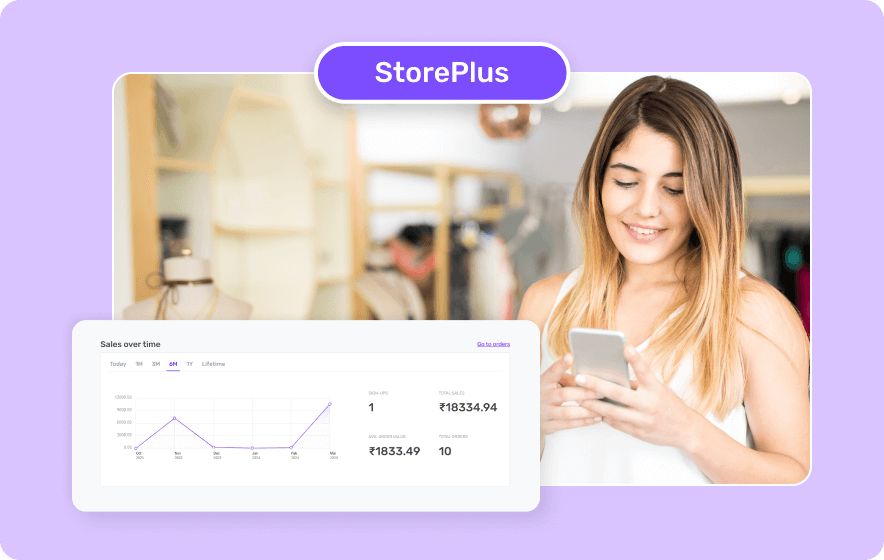 A person holding a smartphone is standing in a jewellery retail store, with the StorePlus logo and a sales graph displayed in the foreground.