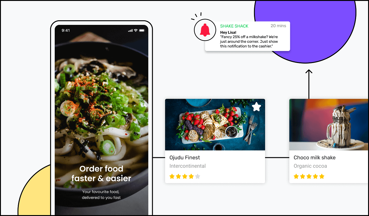 Restaurant app screens with notification and design illustration