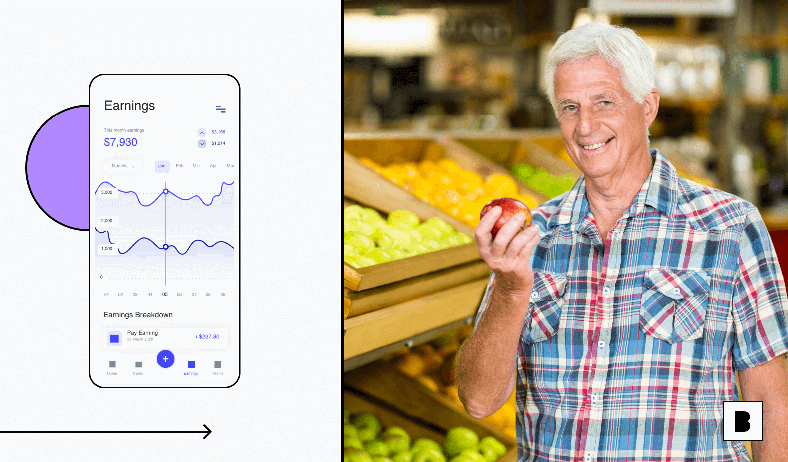 Mobile app screen for customer management having earning graph