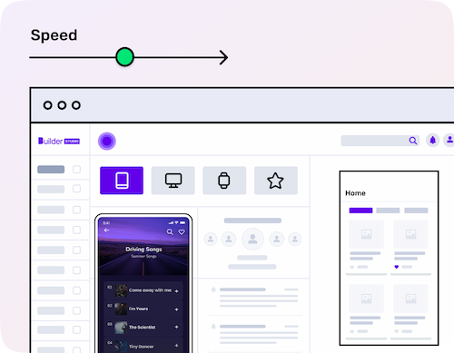 Builder Studio dashboard highlighting a music streaming app screen