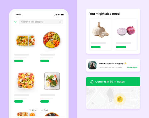 Meal kit app interface showcasing meal listings, recommendation and delivery tracker