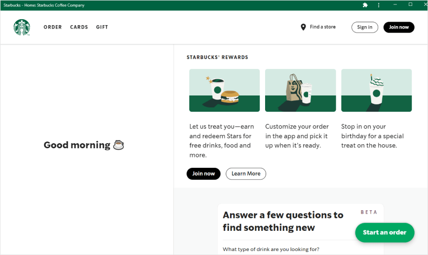 Starbucks PWA home screen for desktop