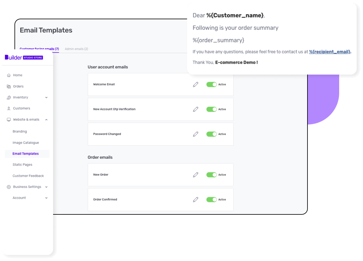 Studio Store dashboard displaying email templates and their customisation features