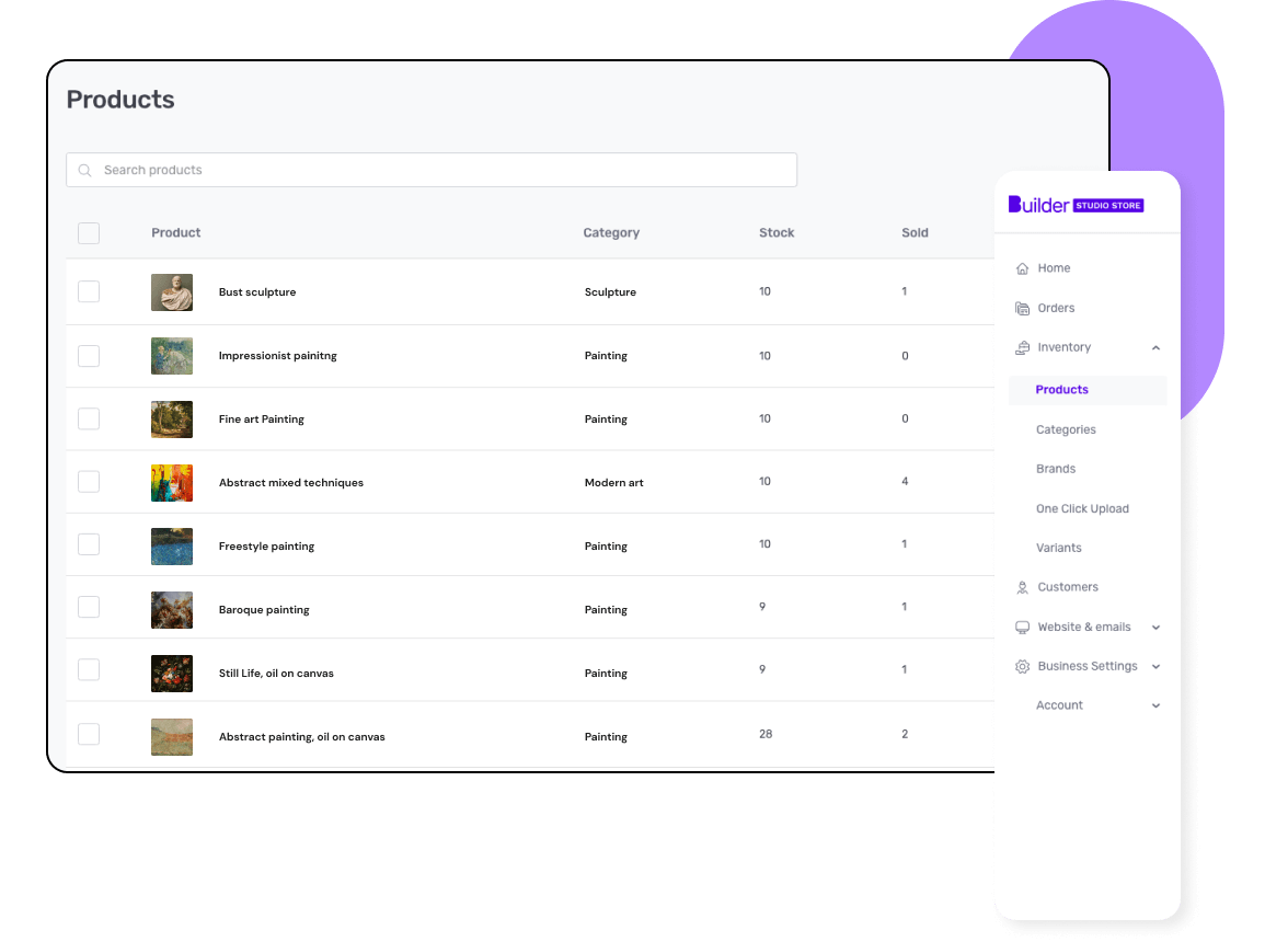 Studio Store dashboard highlighting art products inventory.