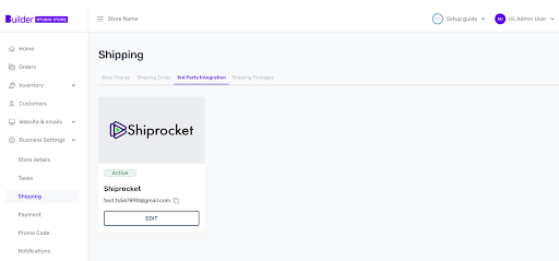 Studio Store dashboard screen for shipping integration