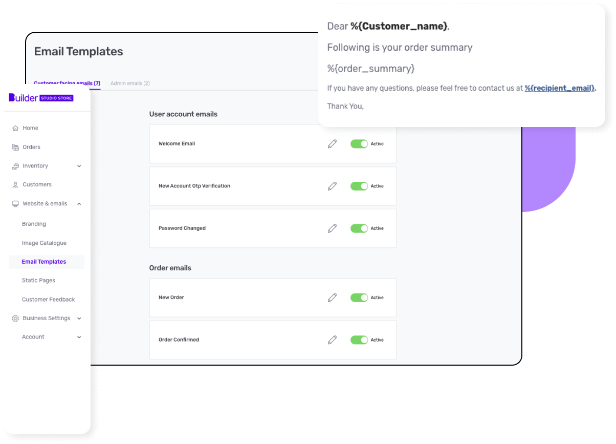 Studio Store dashboard highlighting email template editor.