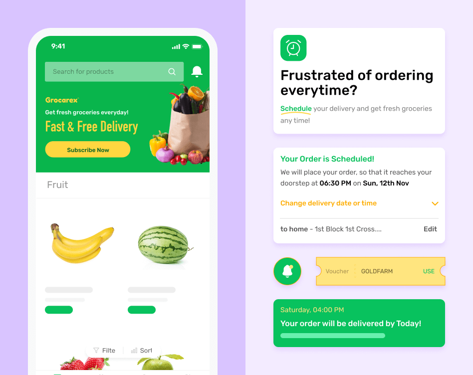 A subscription-based grocery delivery app interface showcasing the app home screen, notification, coupon and delivery status.