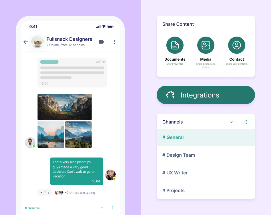Team collaboration app screen showcasing a group talk, content sharing, integration and channels