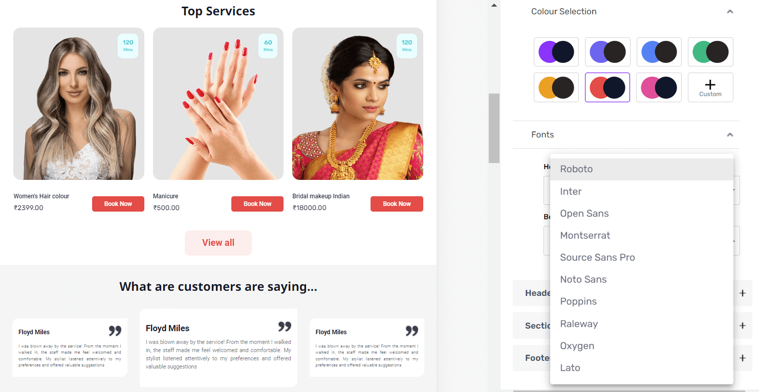 Studio Store theme customisation feature highlights fonts, colour and top services.