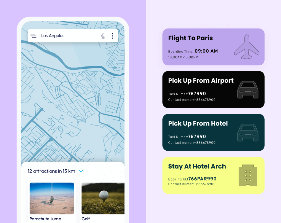 A transportation app interface highlighting top attractions in Los Angeles, flight details, airport pickup, hotel pickup and hotel details.