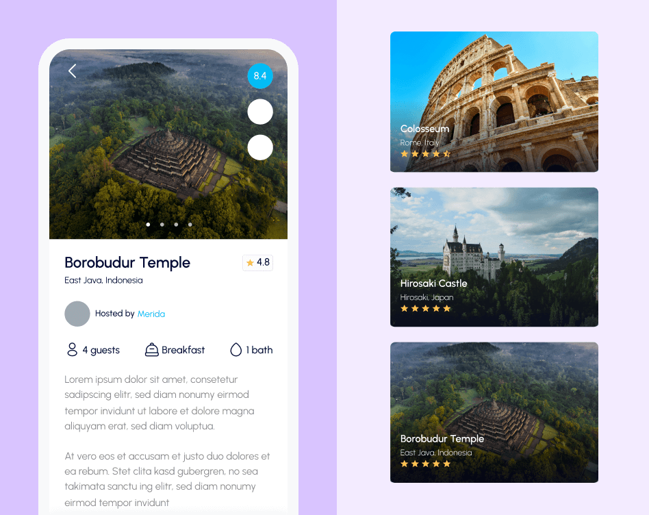 Travel guide app interface showcasing a travel destination, Borobudur Temple and three other attractions