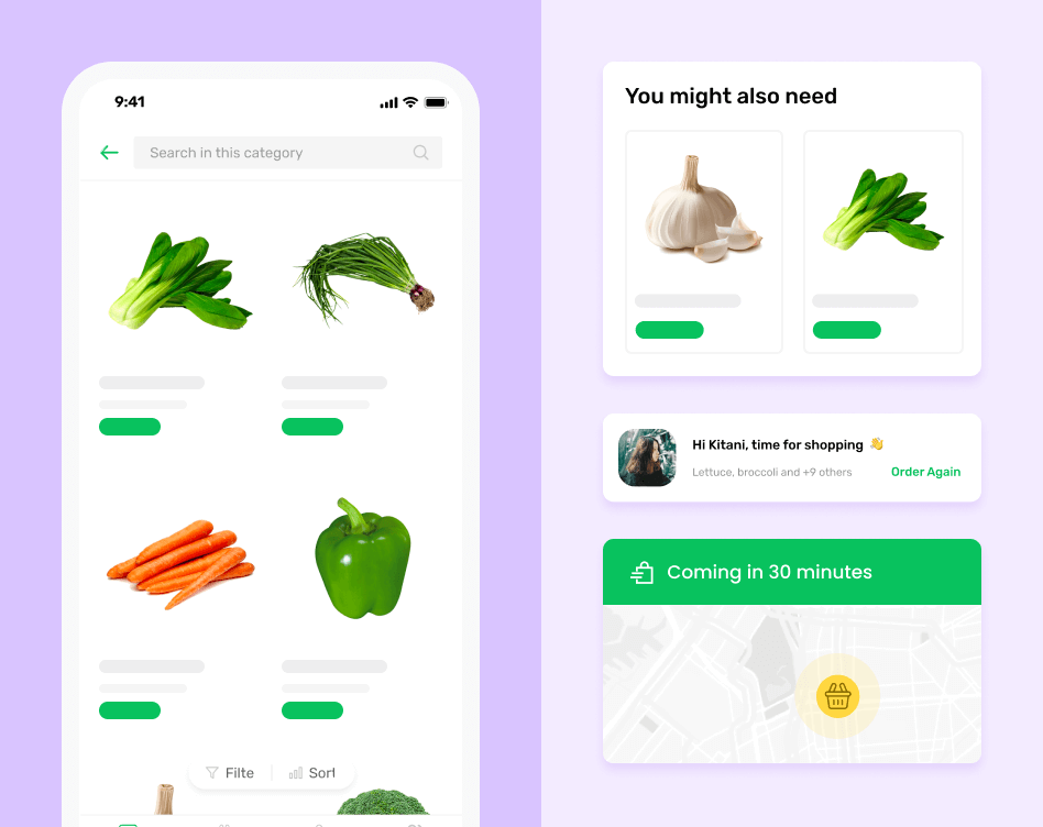 Vegetable delivery app screens