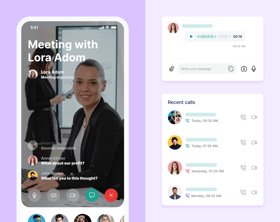 Video calling app interface showcasing a group video call, voice chat and recent video calls.