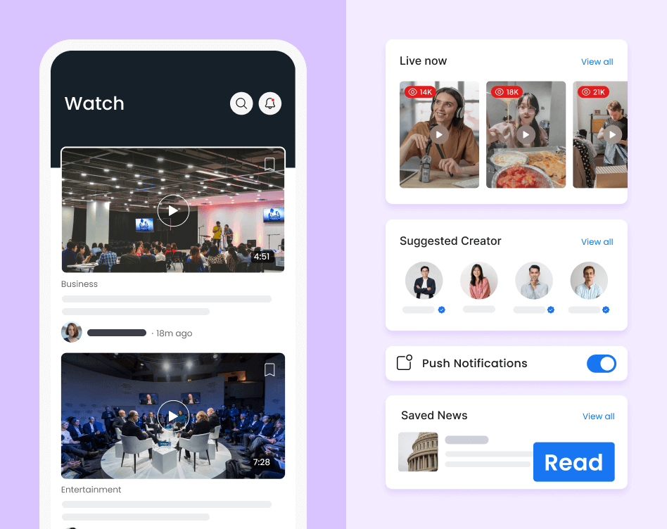 Video news app interface showcasing app home screen, live news, creator recommendations, push notifications and saves news.